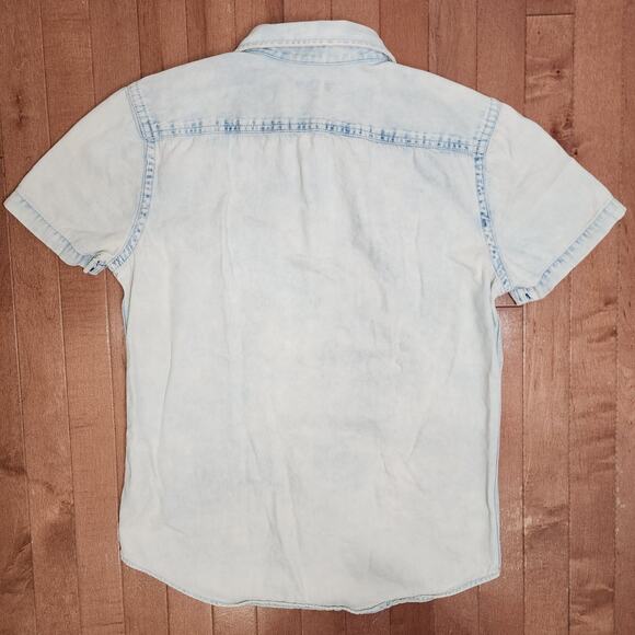 Express Men's Button Down Jean Shirt Denim Shirt Blue beige Short Sleeve Small - Picture 3 of 6